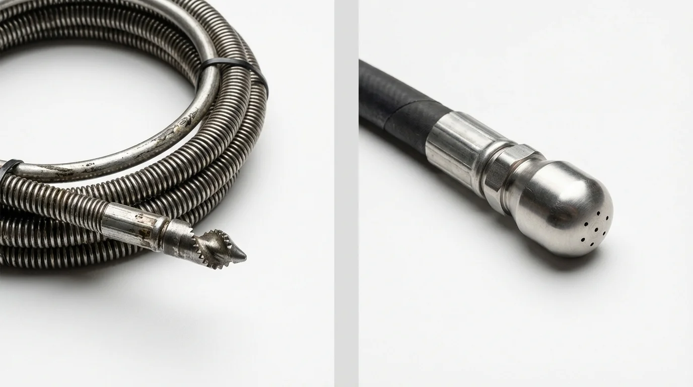 Drain snake cable and hydro jetting nozzle used for drain cleaning in Waterford, CA