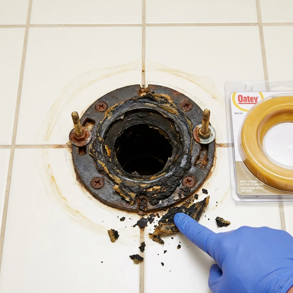 Failed wax ring showing water seepage at the base of a toilet in a Waterford, CA home