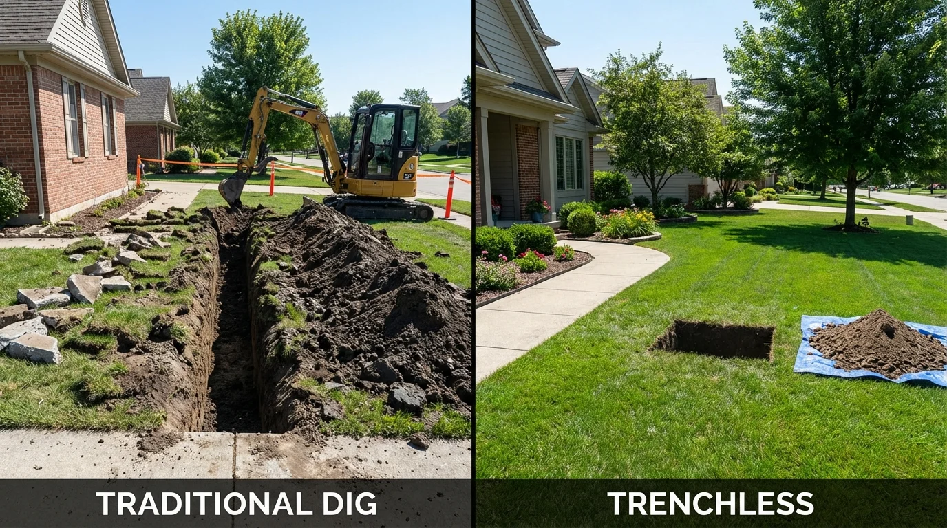 Trenchless sewer repair with minimal yard damage versus traditional excavation in Waterford, CA