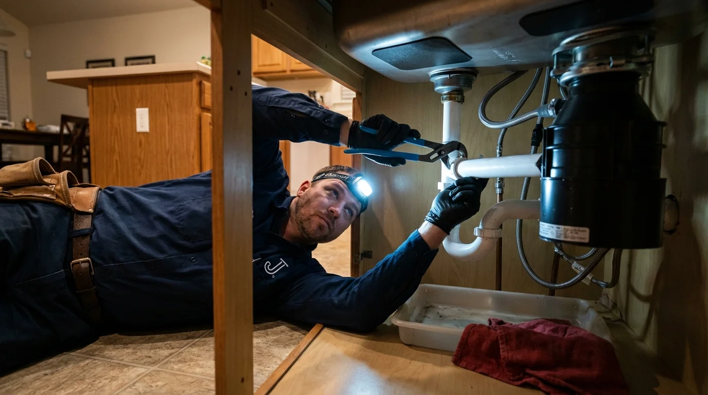 P-trap and supply line connections under a kitchen sink showing a common leak point in Waterford, CA
